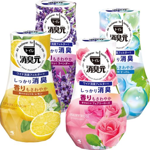 消臭元【4種の香りアソートパックまとめ買い】トイレの香り4種類(ラベンダー・せっけん・レモン・フェアリーローズ)消臭芳香剤トイレ用置き型400mlx4個小林製薬