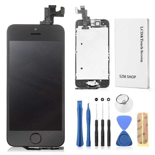 SZMIPHONE5Sタッチパネル修理交換用フロントパネルセットフロントガラスデジタイザLCD液晶パネルセット(スピーカー+フロントカメラ+ホームボタン付き)黒