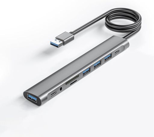 【47インチ長ケーブルUSBハブ】-4つのUSB 3.0ポート、SD/TFカードスロット、3.5mmジャック、USB-Cデータポート、USBスプリッター(USB C 5V/3A電源ポート付き)を搭載し、ノートパソコンとデスクトップPCの両方に適しています。フラッシュドライブ、マウス、キーボード、プリンターなど、複数のUSB周辺機器をパソコンに簡単に接続できます。 【5Gbpsデータ転送速度】-このUSB Cハブスプリッター3.0は、最大5Gbpsの高速データ転送を実現し、USB 2.0の10倍以上の速度で、HD映画を数秒で転送可能です。 【スマート充電ポート】-USB Cハブには追加のUSB C 5V/3A電源インターフェースが搭載されており、最大3Aの充電出力を提供します。複数のUSB 3.0インターフェースを同時に使用する際、電圧不足によるデバイス遅延や電源不足の心配はありません。(充電ケーブルはパッケージに含まれていません) 【高精度素材】- 優れた放熱性能を備えたアルミニウム合金筐体。高スペックチップにより、このUSB 3.0ハブはプラグアンドプレイとホットスワップに対応しています。