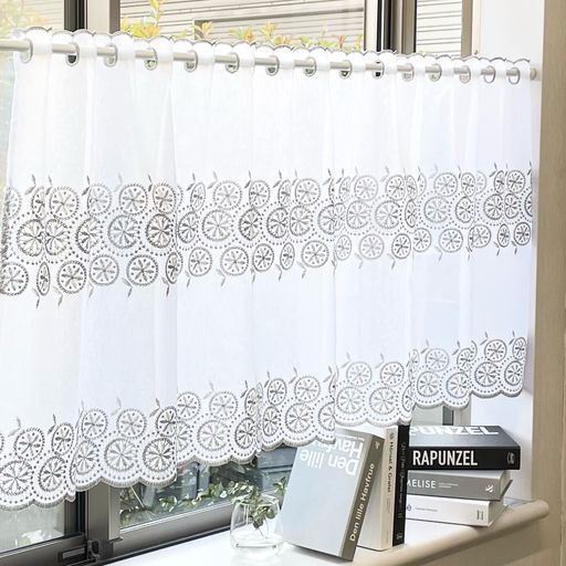 Order-Made Curtains - INTERIX刺繍レース小窓日本縫製幅155cm丈90cmカフェカーテンデイジーシルバーCF6-155-90