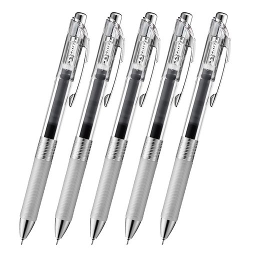 【特長】スッと書けてサッと乾く ゲルインキボールペン 【1本あたりサイズ/重さ】幅 16 x奥行 11mm x 長さ 147mm/13g 【インキ色】ブラック 【芯径】0.5mm【本数】5本 【材質】後軸・頭冠=再生PC ノック・前軸=ABS樹脂メッキ グリップ=エラストマー クリップ=鉄