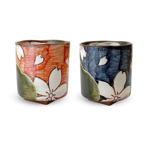 J-kitchens工房祥sho~織部粉引桜角高台湯呑みペアー(レッドブルー)波佐見焼日本製