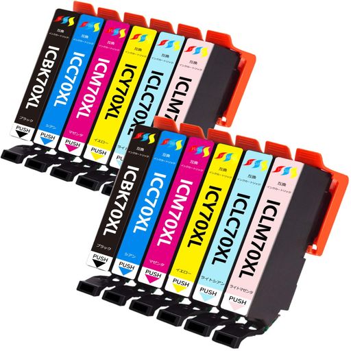 IC6CL70L 12本セット: ICBK70L ブラック 2本 / ICC70L シアン 2本 / ICM70L マゼンタ 2本 / ICY70L イエロー 2本 / ICLC70L ライトシアン 2本 / ICLM70L ライトマゼンタ 2本 IC6CL70L 互換インクカートリッジさくらんぼ インク増量 対応機種:EP-706A EP-306 EP-976A3 EP-905A EP-775A EP-806AB EP-805AW EP-806AW EP-805A EP-776A EP-906F EP-775AW EP-806AR EP-805AR EP-905F用エプソン インクカートリッジ 70L互換ic6cl70l(EPSON インクカートリッジ 70) 高品質: インクカートリッジ 70L互換( インクカートリッジ 70)は染料ハイグレードタイプで、 純正品と比較しても遜色ない高品質、本物の写真と鮮明なテキストに見合う素晴らしい色で印刷します. 本製品は純正インクカートリッジではございません。純正同様にご使用頂ける新品の互換インクカートリッジとなります。