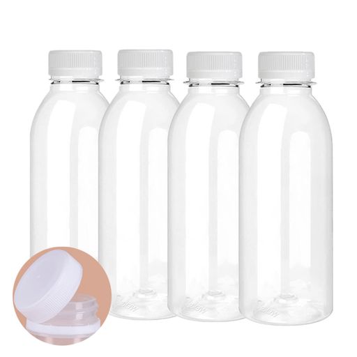 SHZMJL 蓋付き500mlのドリンク ボトル、プラスチック ジュース ボトル、4本入クリア ボトル、空のミルクボトル、再利用可能な透明なバルク飲料ジュース、牛乳、その他の飲み物用透明なペ…