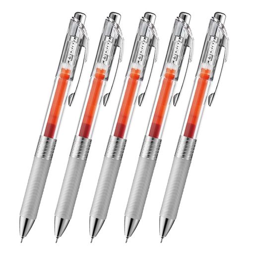 【特長】スッと書けてサッと乾く ゲルインキボールペン 【1本あたりサイズ/重さ】幅 16 x奥行 11mm x 長さ 147mm/13g 【インキ色】オレンジ 【芯径】0.5mm【本数】5本 【材質】後軸・頭冠=再生PC ノック・前軸=ABS樹脂メッキ グリップ=エラストマー クリップ=鉄
