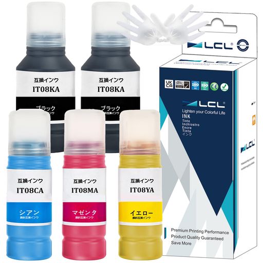 LCLエプソン用(えんぴつ削り)IT08IT08KA/CA/MA/YA(5パック2BK顔料140MLC/M/Y顔料70ML)互換インクボトル..