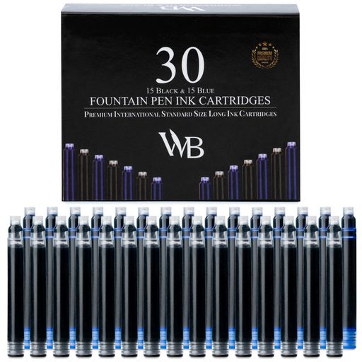Wordsworth&Black30パック万年筆用インクリフィル-15本の黒+15本の青インクカートリッジセット-国際標..