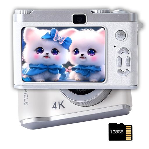 ブイログ この4Kデジタルカメラは、大切な瞬間を鮮明な画質で残すことができます。コンパクトな設計で持ち運びも簡単で、128GBのメモリカードが付属しているので、たくさんの写真や動画を保存できます。大きな3インチ液晶画面で、撮影した写真や動画をすぐに確認できます。かわいい猫の絵柄が印象的で、プレゼントにもおすすめです。手ブレ補正機能や自動フォーカス機能も搭載されており、初心者でも高画質の写真が撮影できます。旅行やイベントなど、大切な思い出を逃さずに残せます。 初心者にやさしい使いやすさ操作し易い初心者にやさしい使いやすさ操作し易いボタン設置と、日本語含めた取扱説明書および日本語メニューが付属しています。初めてデジタルカメラを使う初心者にもとても優しいデザインで、子供から高齢者まで誰でも簡単に使えます。