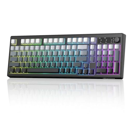 FREEWOLF ワイヤレスキーボード, 三モード Bluetooth 5.0/2.4G/USB-C, PBT グラデーション 側面刻印 キーキャップ, ノブ付き,26キー ロールオーバー, RGB バックライト, Mac Windows 対応