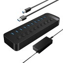 ORICO10ポートBC1.2USB3.0ハブ急速充電対応個別スイッチ付きセルフパワー12V/4A(48W)電源CT2U3-10AB黒ブラック(2)