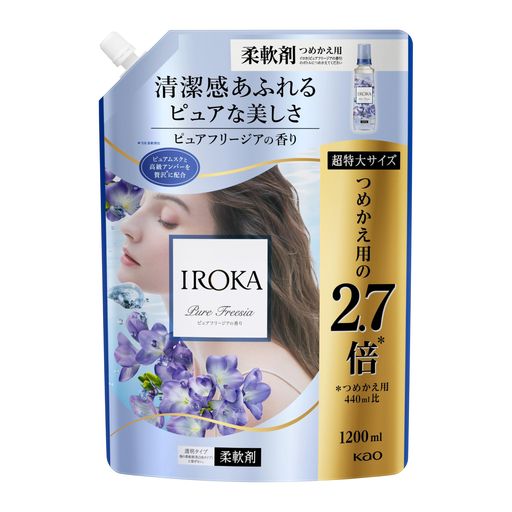 ソフトニング、消臭、静電気防止 香水のように香り高い プレミアム柔軟剤IROKA 素肌のあたたかさを想わせる「ピュアムスク」と、 香水には欠かせない「高級アンバー」を贅沢に使用。 香水のように上質、なのに透明感あふれるその香りは、 あなたらしい美しさを、上品にさりげなく引き立てる。 清潔感あふれる、澄んだ ピュアフリージアの香り。 *1天然ムスク香気の主成分と同構造のl-Muscone *2当社柔軟剤比