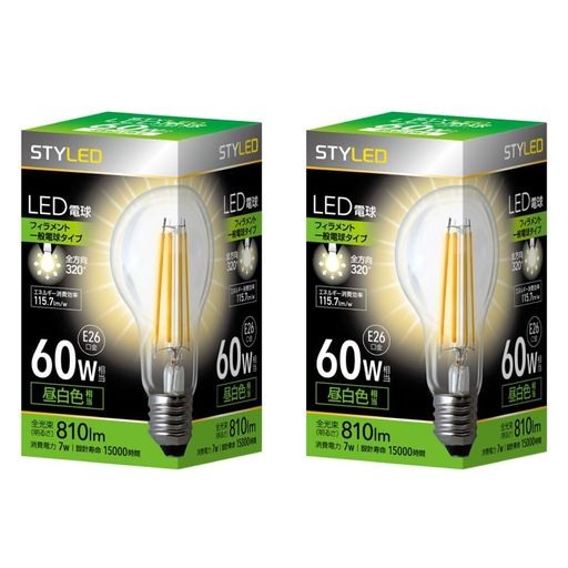 General Light Bulbs - スタイルドLED電球2個セットクリア電球タイプ一般電球形E26【60W相当・810ルーメン・全配光・昼白色】フィラメントHDAC60N2