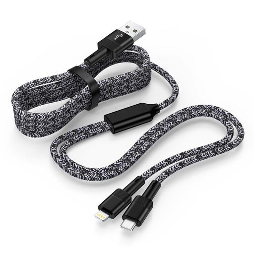【1本2役】ZACENEI 2IN1 充電ケーブルは、IPHONEのLIGHTNINGポートとTYPE-Cポートの両方に対応しており、1本で2つの異なるデバイスに充電が可能です。ケーブルの長さは120CMで、分岐部分は20CM。2台のデバイスを同時に充電でき、自宅、オフィス、車内など、さまざまなシーンで1本あれば十分です。 【急速充電】スマホ充電ケーブル 急速は2台同時充電時、最大3Aの電流をサポートします。高品質の錫メッキ銅コアを採用し、高速充電が可能です。2つの端子を同時に使用する場合、電流が弱くなり、充電速度が遅くなる場合があります。(注意:この充電ケーブル2IN1は充電専用で、データ転送はできません)。 【高い耐久性】充電ケーブル 2IN1 耐久性が抜群なアルミニウム合金とナイロン編みのでを使用し、柔軟性が良く。コネクタ部分はアルミニウム合金を採用し、10000回以上の折り曲げに耐えうるまでに強化され。一般的なケーブルより4倍以上長持ちします。 【幅広い互換性】2IN1 充電コードは、IPHONEやANDROID、USB TYPE Cなどの多くのデバイスに対応しています。