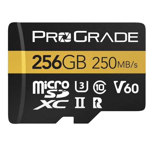 microSDCardV60(256GB)-フルサイズのSDカードデバイスで動作することがテスト済み|最大250MB/秒の読み取り、130MB/秒の書き込み。ProGradeDigital製。