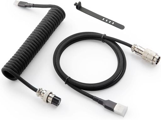 Parishop Pro カスタムコイル状USB Cケーブル ゲーミングキーボード用 ダブルスリーブ メカニカルキーボードケーブル 取り外し可能なメタルアビエーター付き 1.5M USB-C - USB-A クラシック (ブラ…