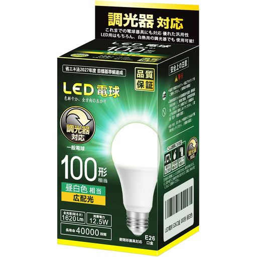 本体サイズ:外径60mmx高さ116mm、本体重量(kg):0.118 口金E26 調光器対応 光色:昼白色相当 定格電圧:100V、定格消費電力:12.5W 定格寿命:40,000時間 全方向に広がる配光角 約260度 色鮮やかRa85 密閉型器具への取り付け対応 屋外器具・断熱材施工器具対応