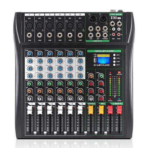 [6チャンネルオーディオミキサー]: XTUGA CT60 6チャンネルオーディオミキサーは6つの入力チャンネルを備えており、マイク+ライン入力に対応しております。全チャンネルでXLR端子とアンバランス1/4インチプラグに対応し、各種コンデンサーマイク用の+48Vファンタム電源を内蔵しております。 [3バンドEQコントロール]: このデジタルミキサーの各チャンネルには3バンドEQが搭載されており、高域、中域、低域の周波数を簡単に調整いただけます。ステージパフォーマンス、屋外イベント、結婚式など、多様なシーンに適しております。 [PFL/AFL &amp; リアルタイムモニタリング]: このミキサー オーディオにはPFL/AFLボタンが搭載されており、PFL/AFLボタンを押すことで、他のソースからの干渉を受けずに個々のチャンネルの音量や効果を確認・調整いただけます。また、オーディオミキサーには3.5mmヘッドホンジャックが搭載されており、録音に適しており、録音した音を即座にお聴きいただけます。