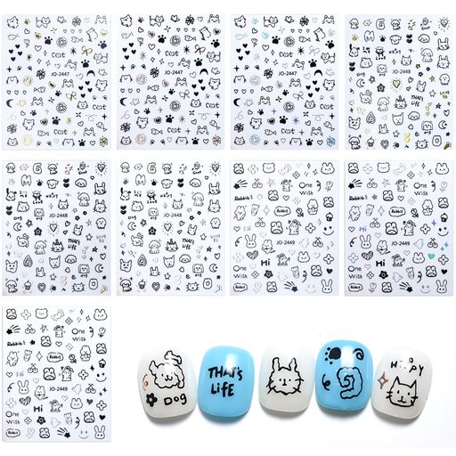 ネイルシールネイルシール猫犬ウサギネイルチップシール【9点セット】可愛い落書き風3Dネイルシールネイルアートペットのテーマ様々なかわいい柄DIYネイルデコレーションシール極薄ス…