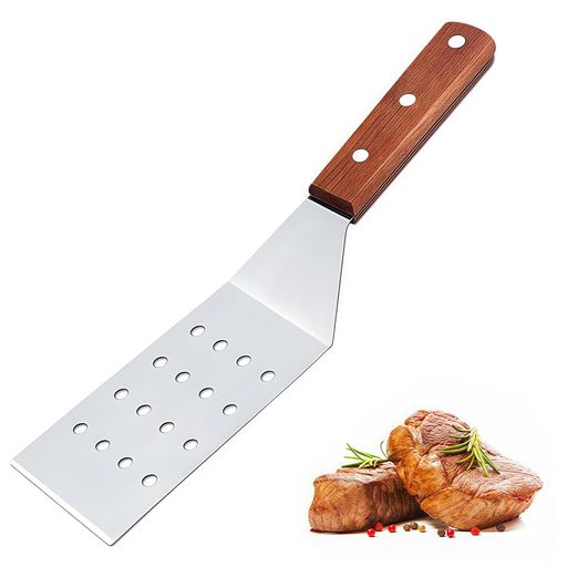 Doyimeフライ返しターナー料理シャベルキッチンツールステンレス木柄漏れ穴の設計返しやすい軽量餃子ハンバーグステーキバーベキューアウトドアキャンプ業務用30x7.2cm