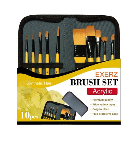 ExerzAcrylicPaintBrushSet10pcsSyntheticHairArtistProfessionalBrushesinaTravelCas...