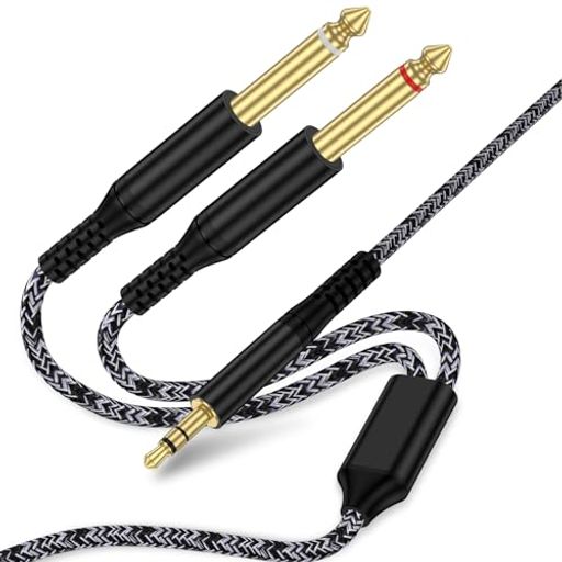 【3.5mm 右向き矢印 6.35mmx2 変換オーディオケーブル】3.5mm(TRS)出力を備えた機器から、6.35mmジャック搭載のオーディオ機器へ接続可能。ステレオ音声を左右2系統のモノラル信号に分離し、クリアで原音に忠実なサウンド出力を実現します。音楽鑑賞やオーディオ環境の拡張に最適です。 【Hi-Fi 高音質再生】高純度OFC(無酸素銅)導体と多重シールド構造を採用し、信号伝送を安定化。外部ノイズや電磁干渉を効果的に抑え、音質劣化を最小限に抑制します。自宅・オフィス・屋外など、さまざまなシーンで高音質なHi-Fiサウンドをお楽しみいただけます。 【高耐久・高品質素材】ナイロン編組ケーブルと金メッキコネクタを採用し、耐久性と接触安定性を向上。しっかりとした編組構造により内部導線を保護し、断線しにくく長期間安心して使用可能です。滑らかな質感と光沢仕上げで、高級感のあるデザインに仕上げました。 【幅広い互換性】出力側:3.5mmジャック搭載のスマートフォン、PC、タブレット、MP3プレーヤーなどに対応。