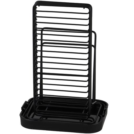 製品サイズ:(約)幅16x奥行13.5x高さ23cm、製品重量:(約)0.38kg 素材・材質:本体/鉄(エポキシ樹脂塗装)、トレー/ポリプロピレン(耐熱温度100度) 素材・材質:本体/鉄(エポキシ樹脂塗装)、トレー/ポリプロピレン(耐熱温度100度) 生産国:本体/中国、トレー/日本 ※まな板スタンドサイズ:(約)内側/厚さ25mm以下、外側/15mm以下