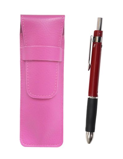 日本製のシボ牛革ペンケースと三角軸3機能ペン(黒赤2色ボールペン+シャープペン)(赤軸)のセット ペンケース(ピンク) 材質:牛革 サイズ:155mmx50mmx15mm ペン 材質:樹脂 サイズ:全長148mmx軸径12mm