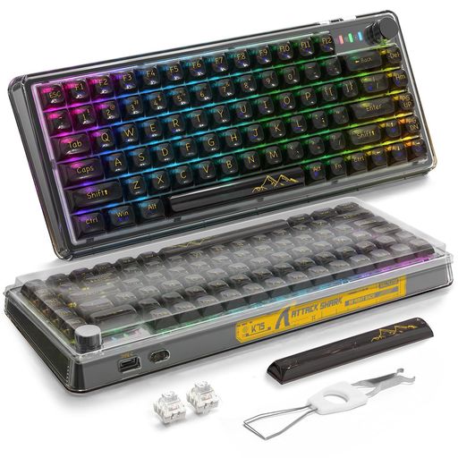 A.JAZZxATTACKSHARK有線K75ゲーミングキーボード白軸クリアキーボードカスタム81キーホットプラグ設計透明キーボード-テンキーなしPCキーキャップRGBバックライトGasket構造全キー無衝突