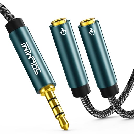 2分配ケーブルSOLMIMIオーディオ分配ケーブルマイク分岐編組設計4極分岐コードイヤホン二股(4極メスx2-4極オス)3.5mmステレオミニプラグ4極ミニプラグ分配ステレオ分岐延長ケーブル30cmSG1