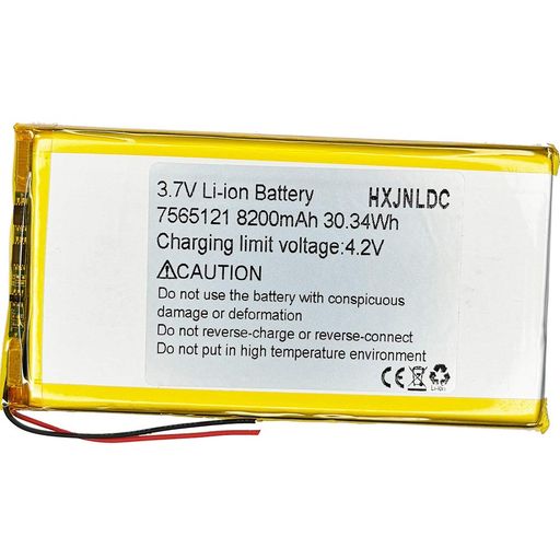 このバッテリーは、30.34Wh 8200mAh未満のDIY 3.7 - 5V で、電子製品に適用できます。(星(塗り潰し)大電力電動工具や航空機には適用されない) コネクタの仕様と極性は製品の表示画像に基づいています、星(塗り潰し)赤い線は正極「+」、黒い線は負極「-」です,逆充電や逆接続はしないでください。 星(塗り潰し)一部の製品では、元のバッテリーにプラグがないか、プラグが一致していません、または極性の不一致。 それは問題ではありません, プラグを直接切断して溶接するか、熱収縮性の絶縁スリーブを使用して同じ色のワイヤを接続できます。 星(塗り潰し)7565121充電式リチウムイオンポリマー電池、公称電圧3.7V、フル充電電圧4.2V、容量8200mAh、電力30.34Wh、サイズ:122x65x7.5mm(4.763 x 2.559x 0.295inch)(L*W*T)、重量:168g(5.92oz)、最大電流:5A。過充電、過放電、過電流、短絡を防ぐことができます。 大容量のA +リチウム電池、日本のセイコーIC過充電および過電流短絡保護ボード、2線 3302-20耐熱シリコンケーブル構成されています。