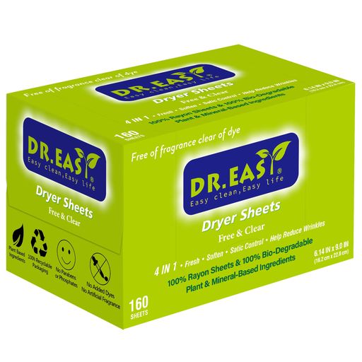 DR.EASY乾燥機用柔軟剤シート植物由来の敏感肌向けスキンケア成分160枚入りレーヨン100%無染料静電気防止しわを防ぐペットの毛や糸くずの付着を予防できる