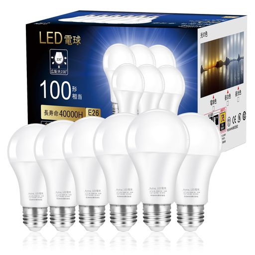 【製品仕様】口金サイズ:E26、色温度:6500K昼光色、定格消費電力:10.9W(100W形相当)、全光束:1820lm、エネルギー 消費効率 (lm/W):167lm/W、定格電圧:100V 50/60Hz、ビーム角度:230°、調光タイプ:非調光型、定格寿命40000h 【明るさはそのままで電気代を削減】LED電球なので、白熱電球に比べて消費電力が少なく、電気代が約90%節約できます。年間3000時間で計算する場合、100Wの白熱電球の電気料金は7884円で、10.9WのLED電球の電気料金は859円の超お得です! 【取付け簡単・優れた放熱性】電球は標準E26口金、つまり口金直径26mmなので、いわゆる普通の電球サイズに合います。優れた放熱性を持った弊社のE26電球は密閉形器具にも使用できます。 【広配光230°】光の広がりは約230°です。暗闇がなく、部屋の隅々まで、光が届くことができます。広範囲を明るく照らす広配光タイプなので、リビング・ダイニング・キッチン・脱衣所などの照明に最適です。 【高い演色性】演色性は85以上、全体的な色のバランスがよく、雰囲気が演出できます。