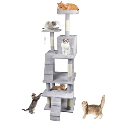 キャットタワー スリム 大型猫用 猫タワー 多頭飼い 据え置き型 簡単に登れる 2つ階段付き 麻爪とぎポール 省スペース キャットハウス 展望台 おもちゃ 運動不足解消 高い安定性 お手入…