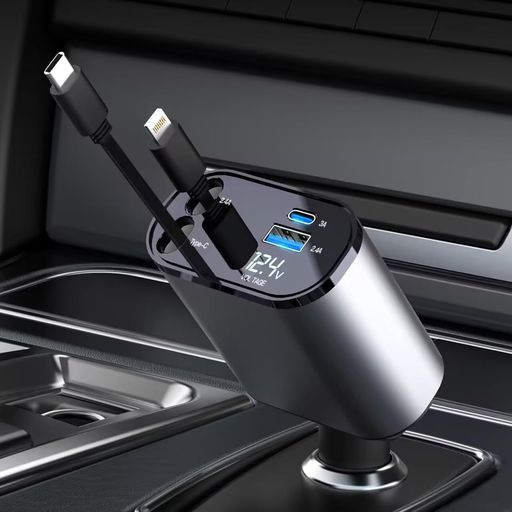 【巻き取り式】4in1車充電器シガーソケット4台同時充電カーチャージャー巻き取り式充電ケーブル2本Type-C100W/Lightning20W急速充電対応iPhone16/15/14/13/12GalaxyS22/S21