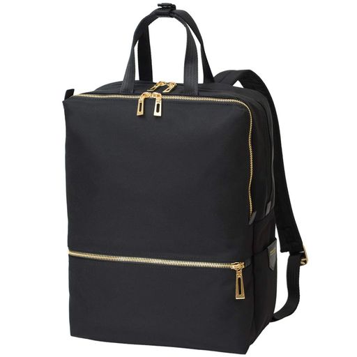 カラー:本体=ブラック、ファスナー・内装=ゴールド サイズ:W27xH38xD14.5(cm) 重量/容量:770g/12L 素材:840D高密度ナイロン