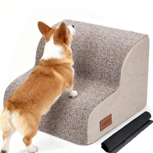 犬用ステップ 2段 ドッグステップ 犬用スロープ 犬用踏み台 犬用階段 小型犬 室内犬 高齢犬 滑り止めマット付き カバー取り外し 洗える 手持ち付き(ブラウン+カーキ)