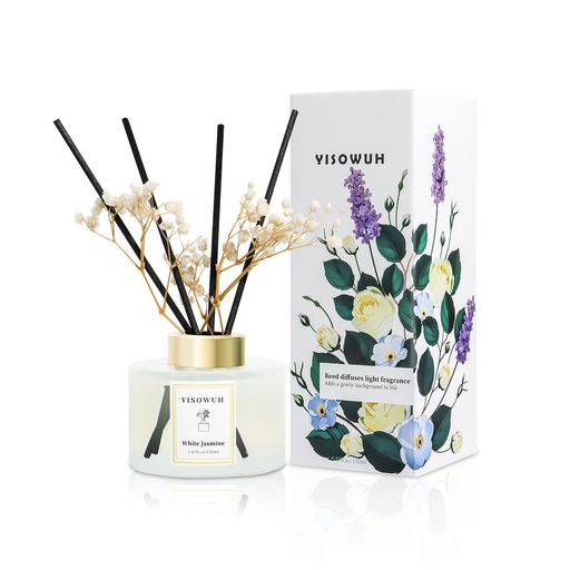 白ジャスミン香り特徴:本 150ml 白ジャスミンリードディフューザーは、優しく甘美なジャスミンの花の香りに清々しいグリーン調が融合し、刺激の少ない柔らかなアロマが室内全体に穏やかに広がります。濃淡調整しやすい微香設計で、長時間室内に居ても鼻に負担が少なく、バスルームやベッドルームなどどの空間でも快適な香り空間を作り出します。 セット一式内容:充実した専用リードディフューザーセット、別途部品購入不要: 150ml 乳白色漸変ガラスボトル(白ジャスミン専用アロマオイル充填済)x1 香り拡散力に優れたファイバー製リードスティック x8 本 インテリア装飾用 白かすみ草+バラ型通草花 ドライフラワー一式 漸変白の容器とボタニカルドライフラワーが一体となり、置くだけでおしゃれな室内インテリアになります。 均一拡散・長持ち性能:専用ファイバーリードスティックがアロマオイルを均等に吸い上げ、部屋の隅々までムラなく香りを届けるリードディフューザー設計。一回設置するだけで 90~120 日間安定した香りを維持でき、スティックを裏返すだけで香りの強弱を簡単調整。頻繁なオイル補充の手間を大幅に削減します。