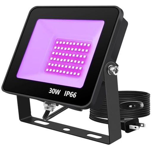 【IP66防塵&amp;防水】ピーク波長390nm~395nmで、屋内外両用可能な防水型ブラックライトである.◆LED消費電力:30W ◆入力電圧:100V/110V ◆寸法:長 19 X 幅15.7 X高 6.3 cm ◆電源コード:1.8m ◆チップ数:60個 【強化ガラス&amp;広照射範囲】アルミ合金&amp;強化ガラスを採用するため、光束を無損耗で透過させ、完璧な照射効果を実現させます.120°の広範囲照射角度があり、パーティーや舞台、ステージ照明、 イルミネーション、誕生日、アート展示会、美術館、ホテル、劇場、ジム、ハロウィーンの装飾やクリスマス祝いなど雰囲気を作るには最適. 【180°角度調整&amp;取付多様性】本体は180°の角度が調整でき、ご要望によって地面や壁、天井などの場所で自由に調節できます.また線の本体にはスイッチがつき、ON/OFF操作はとても便利です. 【すば早く硬化できる】UVレジン硬化としてすば早く硬化するのは特徴の一つ(注:普通のレンジでなはく、UVレンジのみ硬化が出る).その他印刷インクや接着剤などによく使われ、植物育成ライトとしても使用します.