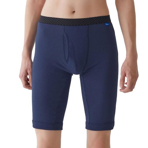 クールマジック ボクサーパンツ(ロングタイプ) 吸汗速乾素材と消臭加工 夏の暑さ、ズボンの中のムレやべたつきに。 裾が長めのロング丈、前あきタイプ。