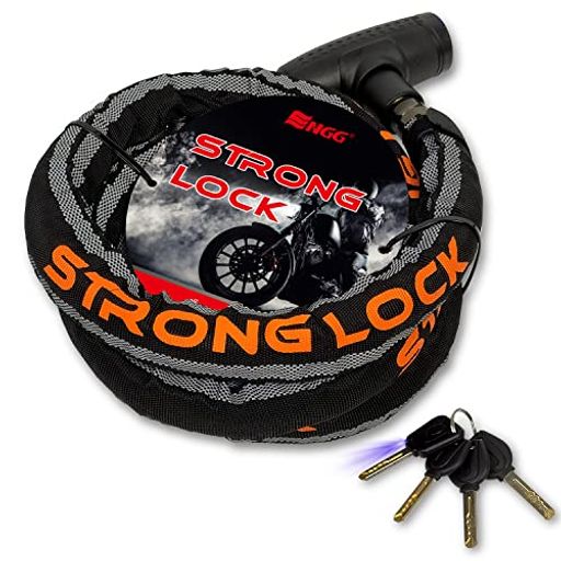 ENGGバイクロックスチールリンクロック直径24mmx1500mm【ストロングロックVer2.0】ワイヤーロック二重防塵ウェーブキー4本付きLEDライト付頑丈盗難防止オートバイ原付チェーンロック