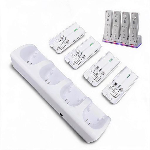 Wiiリモコンコントローラー用4 in 1充電ステーション、LEDインジケータライト付きコントローラー充電ドックステーション、2800mAh充電式バッテリー (WHITE)