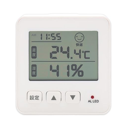 【商品概要】商品サイズ/本体寸法8.8x9x2.4cm、重量/(約)75g(電池含まず)、主な材質/ABS樹脂、アクリル樹脂、希土類磁石、表示/●時計:12時間/24時間切替表示(平均月差プラスマイナス60秒以内)、●温度:-10~50°C(測定範囲外はLo/Hi表示)※0.1°C単位、●湿度:20~95%(測定範囲外はLo/Hi表示)※1%単位、●お知らせ:顔表示・ランプ・ブザー・不快原因、精度/温度:プラスマイナス1°C(0~50°C) それ以外プラスマイナス2°C、湿度:プラスマイナス5%(45~70%) それ以外プラスマイナス10%、測定間隔/(約)20秒に1回、電源/単4乾電池x2本(別売)、電池寿命/約12ヵ月(アルカリ乾電池使用の場合)、設置/スタンド・マグネット 【快適不快を顔表示で】お部屋の快適、不快を直感的に判断できる!赤ちゃんのいる部屋が快適かわからない...。暑い夏の部屋で起きる室内熱中症が不安...。逐一、画面をみて確認するのが手間...。そんなお悩みの方におススメです!リビング、キッチン、寝室など場所選ばずお使いいただけます。