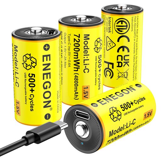 ENEGON 4本セット充電式 単二電池リチウム、1.5V 7200mWh、1-4ポートUSB-C急速充電ケーブル付属,懐中電灯、CDプレーヤー、キャンプ/非常用ライト、ラジオ、子供用おもちゃなどに最適