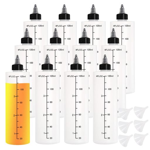 12個セット120ml プラスチックボトルド ロッパーボトル 半透明 目盛り付き プラモデル 塗料 小分けボトル スポイトボトル 塗料液体容器 希釈/実験/手芸/アート 多用途 6個漏斗付き