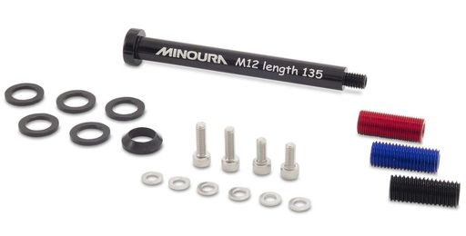 フロントキャリア装着用12mmスルーアクスル汎用セット 対応幅:100/110mm兼用 対応ネジピッチ(赤:P1.0mm、青:P1.5mm、黒:P1.75mm) ※キャノンデールなどの2条ネジ(ダブルスレッド)には本品は非適合です。別売の専用ねじ部(金色)で対応してください。