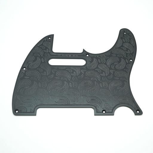 ペイズリー柄を彫刻したテレキャスター用アクリル製ピックガードです。 FenderUSA純正のテレキャスターピックガード(8ホール)からトレースしておりますが、楽器の個体差によるずれが生じる場合があることをご了承下さい。 アクリルの厚みは2mm。