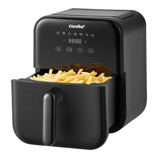 Comfee’ノンフライヤー4L大容量ノンオイル電子レシピ付き電気エアフライヤー揚げ物ポテト7つのメニュー設定家庭用タイマー温度調節自動電源オフ自動調理LEDディスプレイPSE認証済ブラック