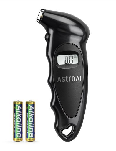 AstroAI デジタル エアゲージ タイアゲージ 単4電池付き 200PSI 4種気圧単位 車用 自転車 トラック用 LCDバックライト 滑り止めグリップ ブラック
