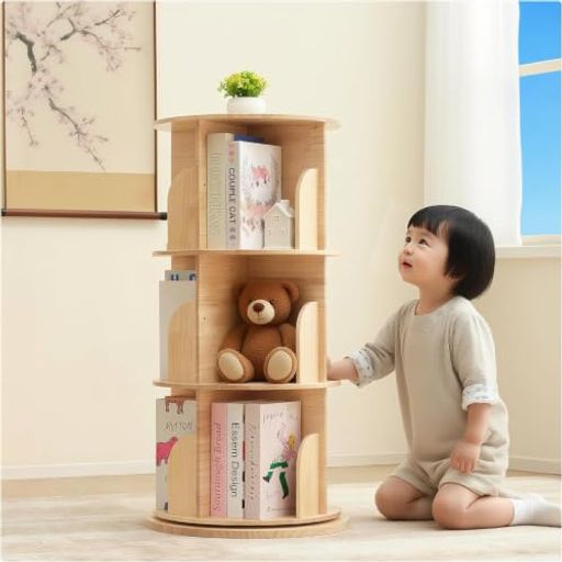 Bounvi 本棚 回転式 大容量 a4対応 絵本棚 ブックシェルフ 子供 絵本ラック 漫画棚 収納棚 文庫本 CDラック DVDラック 天板に物が置ける 異臭なし 組立簡単 転倒防止 日本語説明書付(天然木製 …