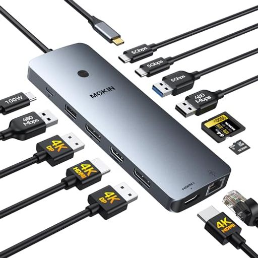 MOKIN USB C ドッキングステーション 3 画面出力、14-IN-1 トリプルモニター拡張2 HDMI+2 DISPLAYPORT 4K@60HZ、100W PD、5GBPS USB-A/C 3.0、SD/MICROSD